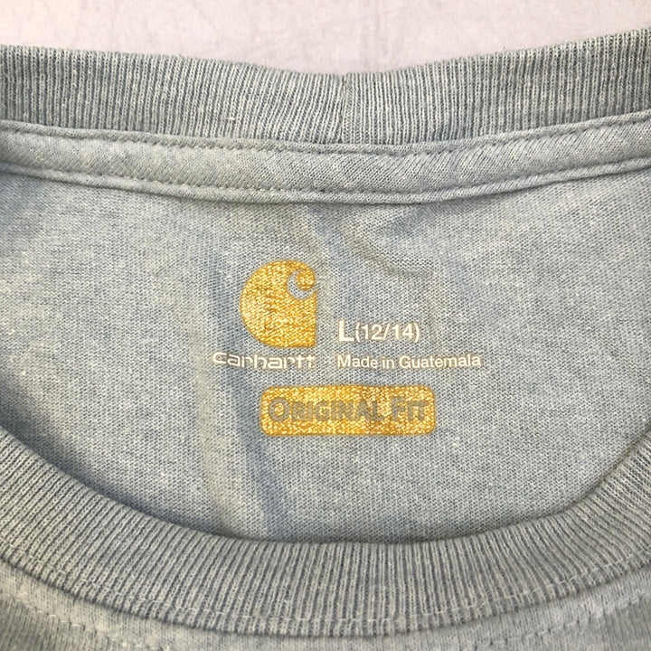 カーハート 古着 Tシャツ ライトブルー ワンポイントロゴ L