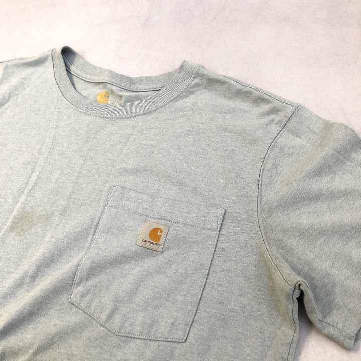 カーハート 古着 Tシャツ ライトブルー ワンポイントロゴ L