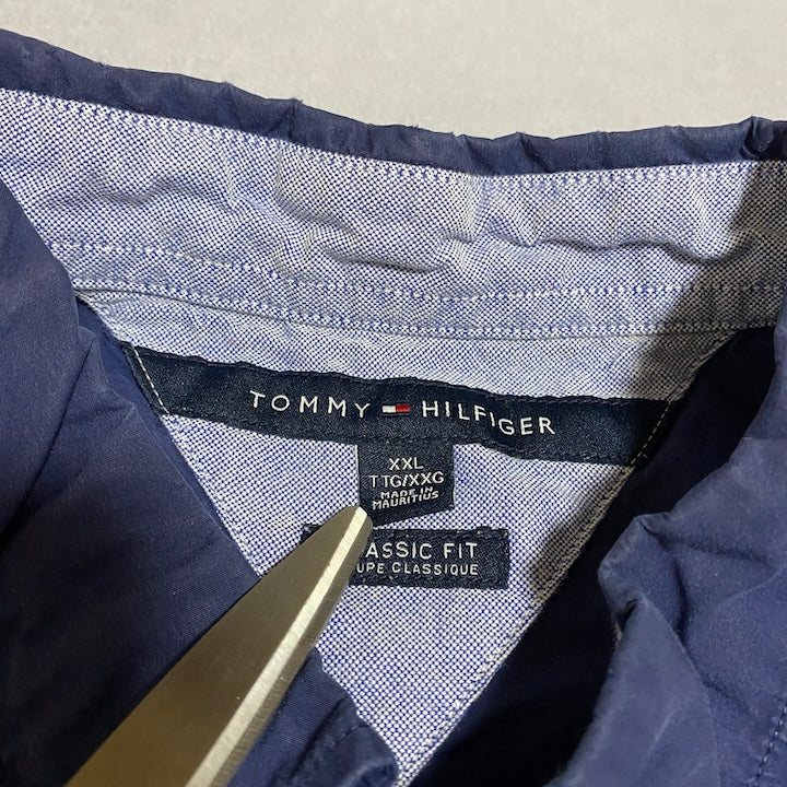 トミーヒルフィガー Tommy Hilfiger 半袖シャツ 紺 刺繍ロゴ メンズ2XL