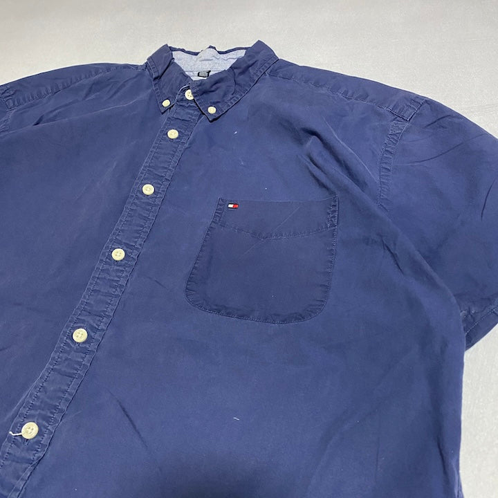 トミーヒルフィガー Tommy Hilfiger 半袖シャツ 紺 刺繍ロゴ メンズ2XL