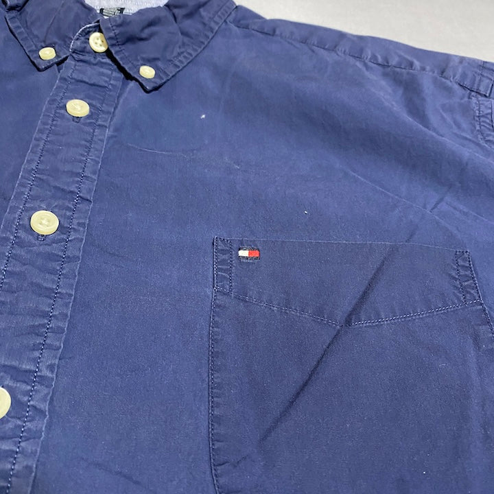トミーヒルフィガー Tommy Hilfiger 半袖シャツ 紺 刺繍ロゴ メンズ2XL