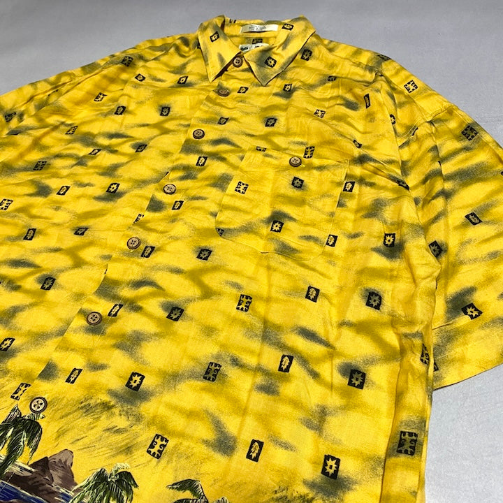 ノーブランド 古着 半袖シャツ イエロー 柄シャツ 2XL