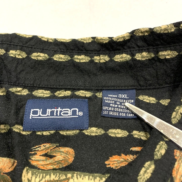 ピューリタン Puritan 半袖シャツ アロハシャツ ブラック 黒 総柄 メンズ3XL
