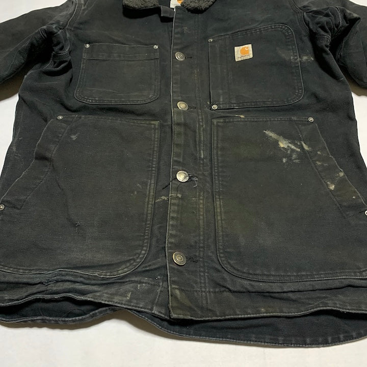 カーハート 古着  ダックジャケット 襟ボア ブラック 企業ロゴ S