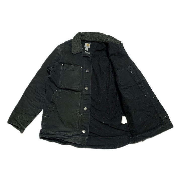 カーハート 古着  ダックジャケット 襟ボア ブラック 企業ロゴ S